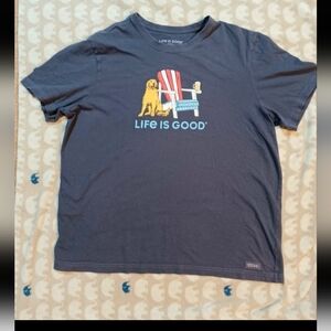 Life Is Good T-Shirt XL blue beer Dog Beach Chair American Flag Golden Retriever